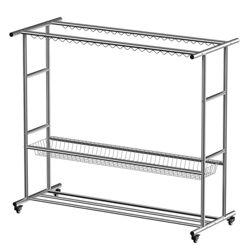 WPPTNSFY Schwerlast Kleiderständer aus Metall, Garderobenständer mit 2 Kleiderstangen, Windfester Haken, für Waschküche, Balkon Freien von WPPTNSFY