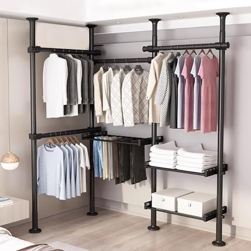 WPPTNSFY Teleskopstange Kleiderständer Garderobenständer, Teleskop Garderoben System Regalsystem mit Paletten und Körben, Höhe und Breite Verstellbarer, für Schlafzimmer Wohnzimmer von WPPTNSFY