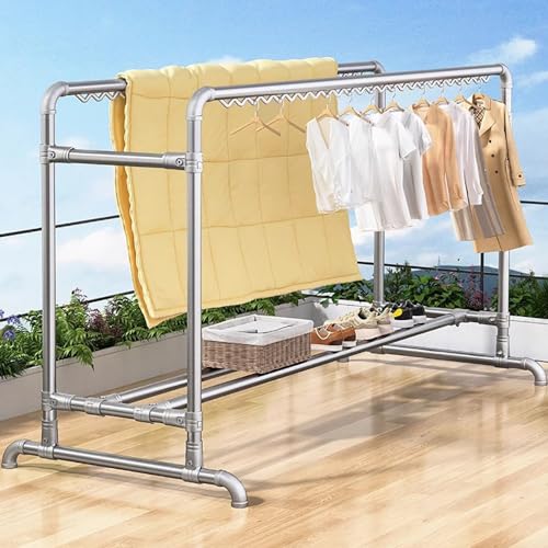 WPPTNSFY Wäscheständer mit Winddichten Haken, Schwerlast Kleiderständer aus Metall, L:160/200cm, für Drinnen Draußen Balkon von WPPTNSFY