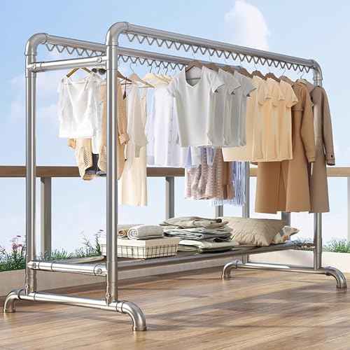 WPPTNSFY Wäscheständer mit Winddichten Haken, Schwerlast Kleiderständer aus Metall, L:160/200cm, für Drinnen Draußen Balkon von WPPTNSFY