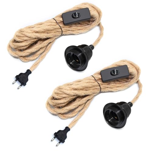 2 Stück Hängelampe mit Stecker, E27 Fassung mit 510CM Hanfseil Kabel und Schalter, Lampenfassung mit Schalter, Vintage Lampenkabel Pendelleuchte mit Stecker, DIY Innenraum Kreativität Hängeleuchte von WPQIUZS