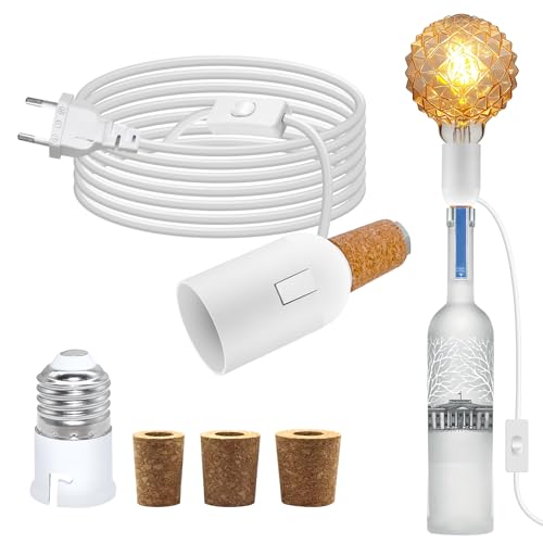 B22 Lampenfassung für Flaschen, 240CM Kabel E27 Fassung mit B22 Konverter, Flaschenlicht Flaschenadapter Lampe mit 3 Korke, Weiß Flaschenlampe Aufsatz, Tischlampe Kit für Vielfältig Flaschen von WPQIUZS