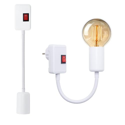 2 Stück E27 Fassung mit Stecker, Lampenfassung mit Steckdose und Schalter, 360°Verstellbar Schwanenhals Lampe, Steckdosenlampe, Steckdosenleuchte, Steckerlampe, Steckerleuchte, Sockeladapter von WPQIUZS
