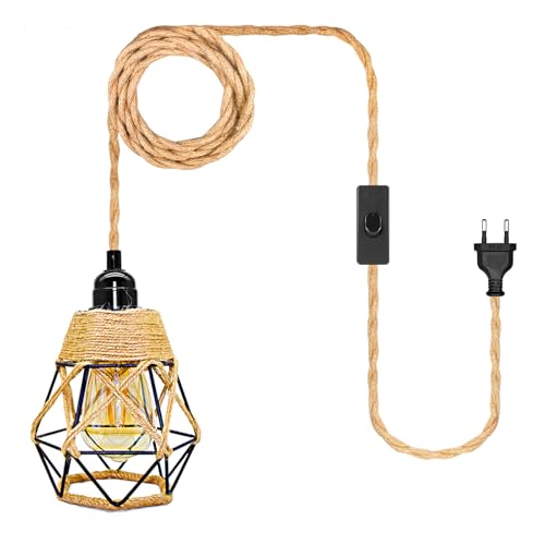 WPQIUZS Hanfseil Hängelampe Kit mit Stecker, E27 Lampenfassung mit 510CM Hanfseil Kabel und Metall Käfig Lampenschirm, Fassung Lampenkabel mit Schalter, Pendelleuchte mit Stecker, Keine Glühbirne von WPQIUZS