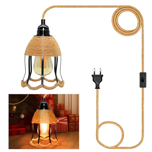 Hängelampe Kit mit Stecker, 510CM Hanfseil Lampe mit E27 Lampenfassung und Blumen Form Metall Lampenschirm, Lampenkabel mit Schalter, Pendelleuchte mit Stecker, Landliche Stil, Keine Glühbirne von WPQIUZS
