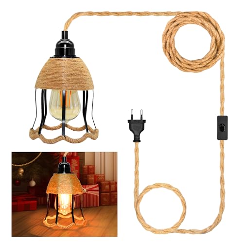 Hanfsei Hängelampe Kit mit Stecker, E27 Lampenfassung mit 510CM Hanfseil Kabel und Blumen Form Metall Lampenschirm, Fassung Lampenkabel mit Schalter, Pendelleuchte mit Stecker, Keine Glühbirne von WPQIUZS