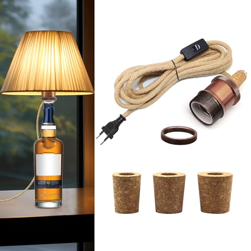 E27 Lampenfassung für Flaschen, Metall Keramik Fassung mit 240CM Hanfseil Kabel, Flaschenadapter Lampe Flaschenlicht mit 3 Kork, Flaschenlampe Aufsatz, DIY Tischlampe Kit für Vielfältig Flaschen von WPQIUZS