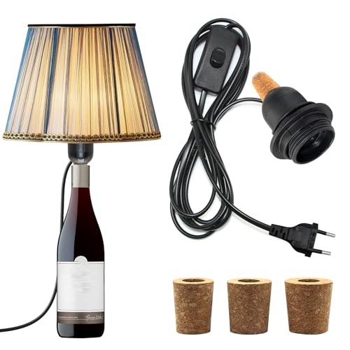 E27 Lampenfassung für Flaschen, Fassung mit 240CM Kabel und Schalter, Schwarze Flaschenadapter Lampe mit 3 Kork, DIY Flaschenlampe Aufsatz für Tischlampe, Flaschenlicht für Vielfältig Flaschen von WPQIUZS