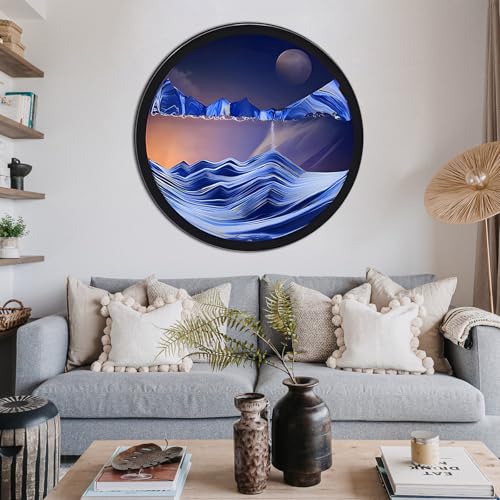 WPUXOY Sand Pictures for Rotating, 3D Sandscape Moving Sand Art Round Glass Deep Sea Sand Picture in Motion Display Flowing Sand Frame, Wall Decoration Living Room Office, Gifts, Blue, 1-44 cm von WPUXOY