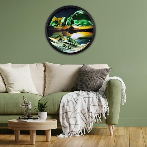 WPUXOY Sand Pictures for Turning, 3D Sandscape Moving Sand Art Round Glass Deep Sea Sand Picture In Motion Display Flowing Sand Frame, Wall Decoration Living Room Office, Gifts (Green, 60 cm) von WPUXOY