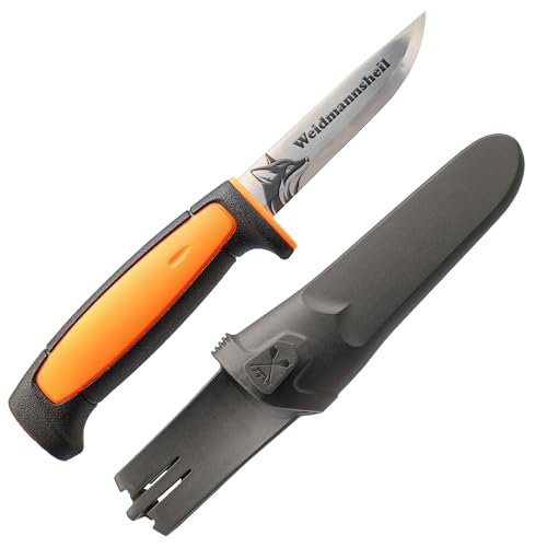 WPW Jagdmesser mit Fuchs/Weidmannsheil Gravur, orange/schwarz, 91 mm Carbonstahlklinge, inkl. Kunststoffscheide von WPW