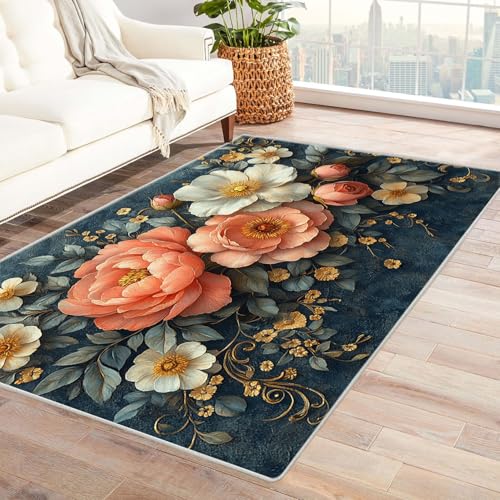 WQBQKKX 3D 3D Vintage Teppich Wohnzimmer Waschbar Pflanzen Kleiner Teppich Ozean, Weich Kurzflor & Waschbar & rutschfest Fussmatte Innen, Kinderteppich(Rosa 46)-150x180cm von WQBQKKX