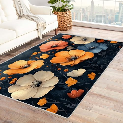 WQBQKKX 3D Boho Kurzflor Teppich Schlafzimmer Blume Teppich Waschbar rutschfest Krabbelmatte für Kinderzimmer Schlafzimmer Dekoration(Orange 8)-90x150cm von WQBQKKX