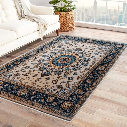 WQBQKKX 3D Boho Kurzflor Teppich Schlafzimmer Bohème Carpet Waschbarer Vintage Kurzflor Esszimmer Vorzimmer Boho Living Room Rug Bedroom(Blau 53)-120x150cm von WQBQKKX