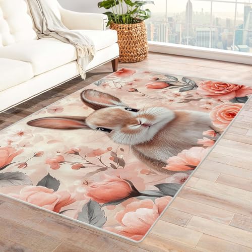 WQBQKKX 3D Home Teppich Wohnzimmer Tier Carpet Lustiges süßes Kaninchen Moderne Wohnzimmer Teppich Für Küche Flur Esszimmer Eingangsbereich(Rosa)-90x120cm von WQBQKKX