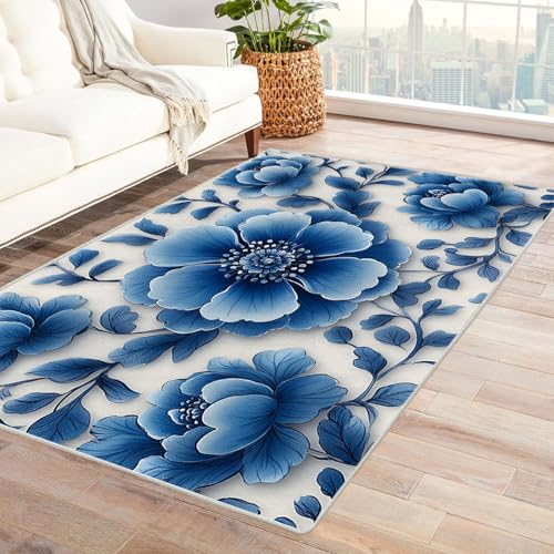 WQBQKKX 3D Home Teppich Wohnzimmer Vintage Boho Retro Carpet Minimalistische Blumen Teppich Wohnzimmer Schlafzimmer Weich Kurzflor & Waschbar & rutschfest(Blau)-150x180cm von WQBQKKX