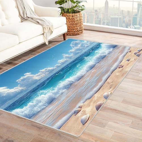 WQBQKKX 3D Ozean Strand Landschaft Teppich Meereswellen Kleiner Teppich Ozean, Weich Kurzflor & Waschbar & rutschfest Fussmatte Innen, Kinderteppich(Blau 80)-150x180cm von WQBQKKX