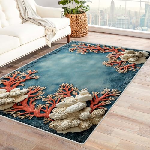 WQBQKKX 3D Teppich Ozean Landschaft Carpet Blumen Kleiner Teppich Ozean, Weich Kurzflor & Waschbar & rutschfest Fussmatte Innen, Kinderteppich(Blau 66)-150x180cm von WQBQKKX
