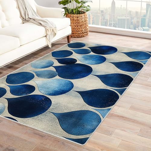 WQBQKKX 3D Teppich Vintage Boho Retro Carpet Abstrakte Blätter Teppiche für Schlafzimmer Esszimmer rutschfest Weich Modern Teppich Groß Rug(Blau)-210x270cm von WQBQKKX