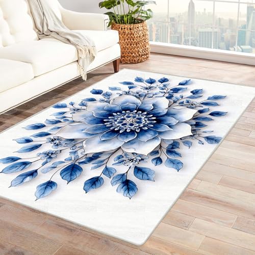 WQBQKKX 3D Teppich Vintage Boho Retro Carpet Minimalistische Blumen ideal fürs Wohnzimmer, Schlafzimmer und Kinderzimmer auch als Badematte(Blau)-150x240cm von WQBQKKX
