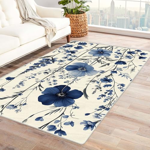 WQBQKKX 3D Teppich Vintage Boho Retro Carpet Minimalistische Wildblumen Teppiche für Schlafzimmer Esszimmer rutschfest Weich Modern Teppich Groß Rug(Blau 10)-60x90cm von WQBQKKX