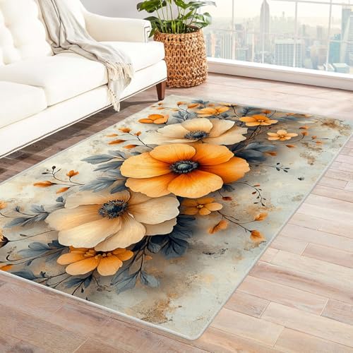 WQBQKKX 3D Teppich Wohnzimmer Landschaft Carpet Retro Blumen Teppiche für Schlafzimmer Esszimmer rutschfest Weich Modern Teppich Groß Rug(Gelb 38)-240x300cm von WQBQKKX