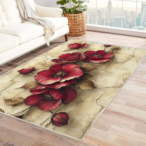 WQBQKKX 3D Teppich Wohnzimmer Vintage Boho Carpet Retro Blumen Moderne Wohnzimmer Teppich Für Küche Flur Esszimmer Eingangsbereich(Rot)-120x150cm von WQBQKKX