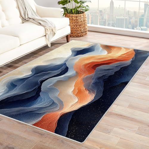 WQBQKKX 3D Teppich Wohnzimmer Vintage Boho Retro Carpet Bunte Linien Textur Teppiche für Schlafzimmer Esszimmer rutschfest Weich Modern Teppich Groß(Orange)-90x150cm von WQBQKKX