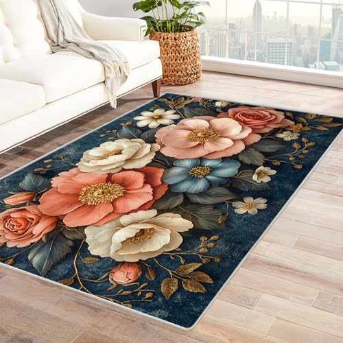 WQBQKKX 3D Teppich Wohnzimmer Waschbarer Boho Blumen Schlafzimmer Badezimmer Rutschfester Rug Eingangstürmatte Ocean Kinderkrabbel Carpet(Rosa 47)-90x150cm von WQBQKKX