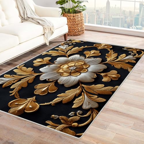 WQBQKKX 3D Teppich Wohnzimmer Waschbarer Boho Blumen Teppiche fürs Schlafzimmer, Arbeitszimmer, Büro, Flur, Kinderzimmer und Küche Rug(Gold 37)-120x180cm von WQBQKKX
