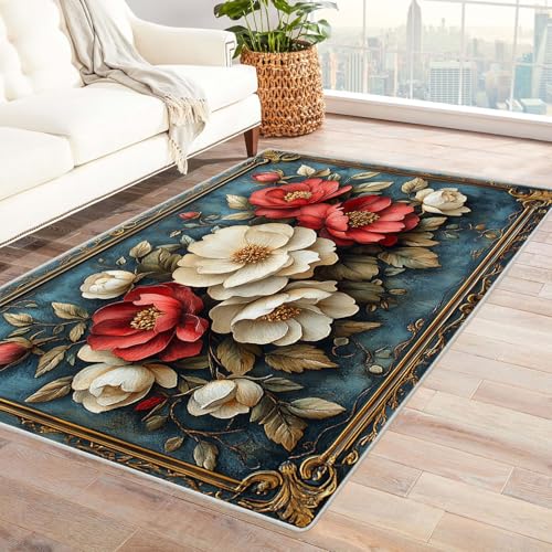 WQBQKKX 3D Teppich Wohnzimmer Waschbarer Boho Retro Kurzflor Waschbarer Teppich Super Weich rutschfest Blumen Design Groß Wohnzimmerteppich(Rot 52)-90x120cm von WQBQKKX
