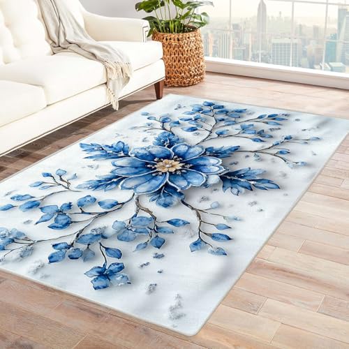 WQBQKKX 3D Vintage Boho Vintage Teppich Retro Carpet Minimalistische Blumen Teppich Wohnzimmer Schlafzimmer Weich Kurzflor & Waschbar & rutschfest Rug(Blau)-150x240cm von WQBQKKX