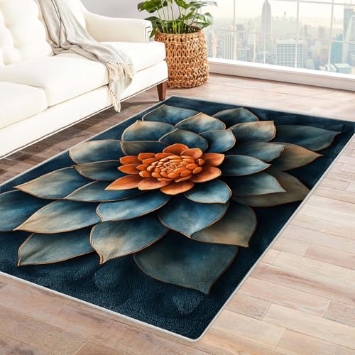 WQBQKKX 3D Vintage Teppich Wohnzimmer Waschbar Blumen Kleiner Teppich Ozean, Weich Kurzflor & Waschbar & rutschfest Fussmatte Innen, Kinderteppich(Blau 46)-180x270cm von WQBQKKX