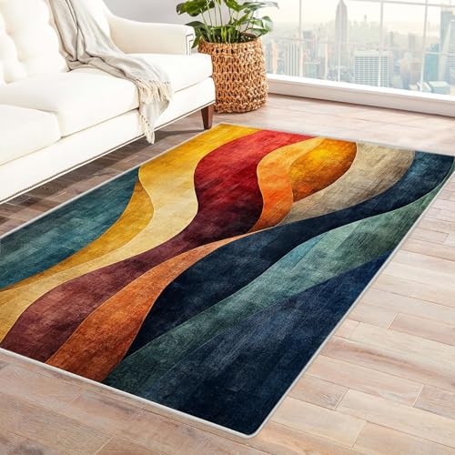 WQBQKKX 3D Vintage Teppich Wohnzimmer Waschbar Linien Haus Dekoration Wohnzimmer Rutschfester Rug Eingangstürmatte Ocean Kinderkrabbel Carpet(Orange 66)-150x210cm von WQBQKKX