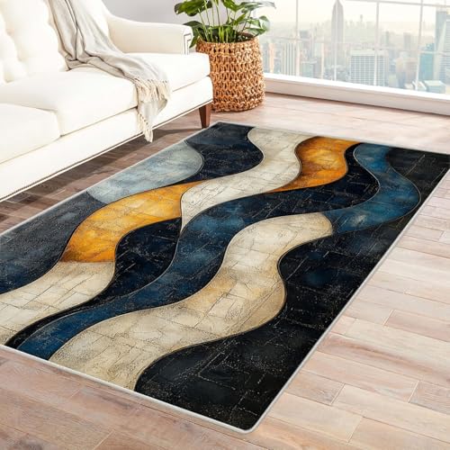 WQBQKKX 3D Vintage Teppich Wohnzimmer Waschbar Linien Teppich Waschbar rutschfest Krabbelmatte für Kinderzimmer Schlafzimmer Dekoration(Blau 26)-120x180cm von WQBQKKX