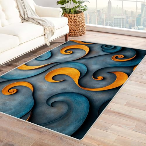 WQBQKKX 3D Vintage Teppich Wohnzimmer Waschbar Linien Teppiche für Schlafzimmer Esszimmer rutschfest Weich Modern Teppich Groß Rug(Blau 56)-120x180cm von WQBQKKX