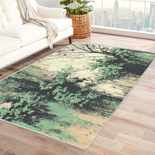 WQBQKKX 3D Vintage Teppich Wohnzimmer Waschbar Meeresküste Kurzflor Waschbarer Teppich Super Weich rutschfest Blumen Design Groß Wohnzimmerteppich(Grün 16)-60x90cm von WQBQKKX