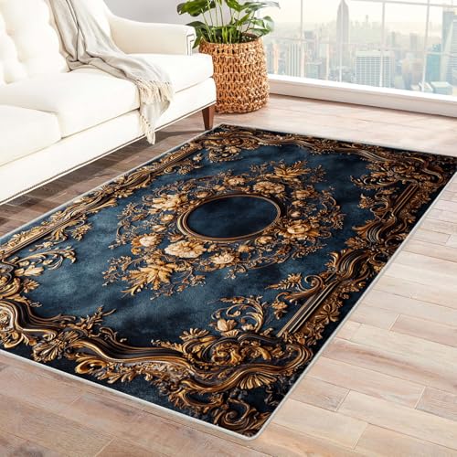 WQBQKKX 3D Vintage Teppich Wohnzimmer Waschbar Retro Kleiner Teppich Ozean, Weich Kurzflor & Waschbar & rutschfest Fussmatte Innen, Kinderteppich(Gold 46)-240x300cm von WQBQKKX