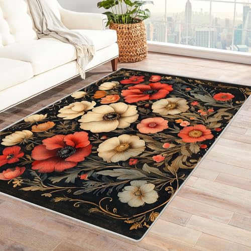WQBQKKX 3D Vintage Teppich Wohnzimmerteppich Blumen Boho Teppiche fürs Schlafzimmer, Arbeitszimmer, Büro, Flur, Kinderzimmer und Küche(Schwarz 59)-150x210cm von WQBQKKX