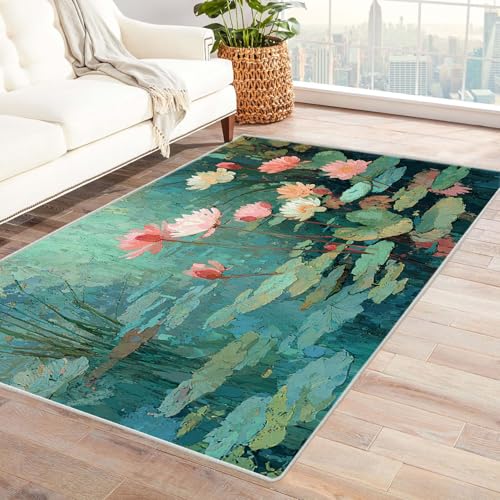 WQBQKKX 3D Vintage Teppich Wohnzimmerteppich Blumen und Pflanzen Teppich Wohnzimmer Schlafzimmer Weich Kurzflor & Waschbar & rutschfest Rug(Grün 39)-120x150cm von WQBQKKX