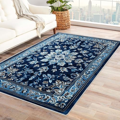 WQBQKKX 3D Vintage Teppich Wohnzimmerteppich Bohème Kurzflor Waschbarer Teppich Super Weich rutschfest Blumen Design Groß Wohnzimmerteppich(Blau 34)-150x180cm von WQBQKKX