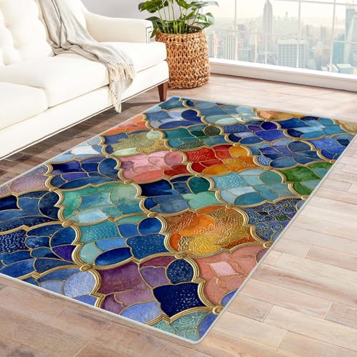 WQBQKKX 3D moderner Kurzflor Teppich Vintage Boho Retro Carpet Bunte Blumen Teppich Wohnzimmer Schlafzimmer Weich Kurzflor & Waschbar & rutschfest Rug(Gelb)-60x90cm von WQBQKKX