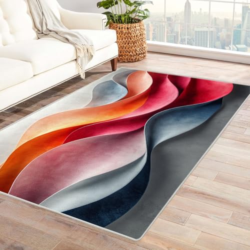 WQBQKKX 3D moderner Kurzflor Teppich Vintage Boho Retro Carpet Bunte Linien Moderne Wohnzimmer Teppich Für Küche Flur Esszimmer Eingangsbereich(Rosa)-210x300cm von WQBQKKX