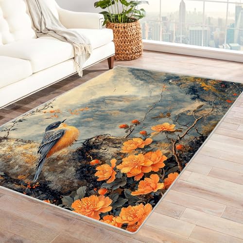 WQBQKKX 3D moderner Wohnzimmer Teppich Carpet Retro Blumen Tiere Teppich Wohnzimmer Schlafzimmer Weich Kurzflor & Waschbar & rutschfest Rug(Gelb)-90x150cm von WQBQKKX