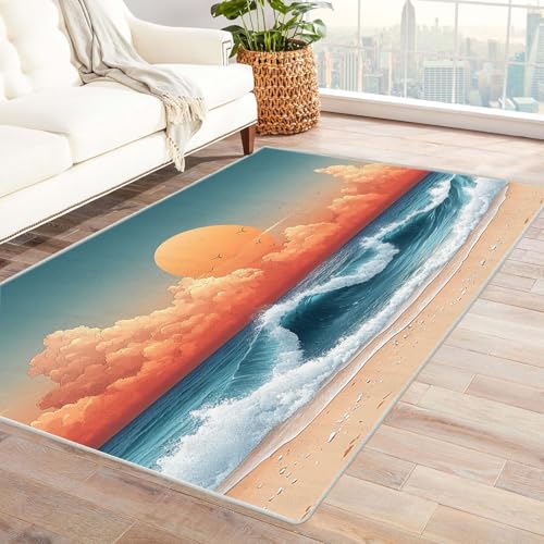 WQBQKKX 3D moderner Wohnzimmer Teppich Carpet Retro-Wellen ideal fürs Wohnzimmer, Schlafzimmer und Kinderzimmer auch als Badematte Rug(Orange 4)-60x90cm von WQBQKKX