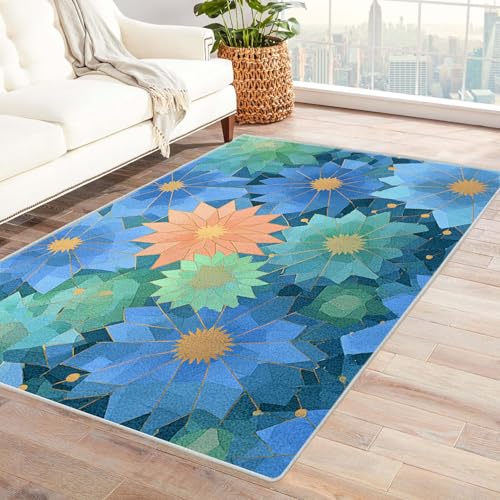 WQBQKKX 3D moderner Wohnzimmer Teppich Retro Carpet Abstrakte Blumen ideal fürs Wohnzimmer, Schlafzimmer und Kinderzimmer auch als Badematte Rug(Blau 4)-150x180cm von WQBQKKX