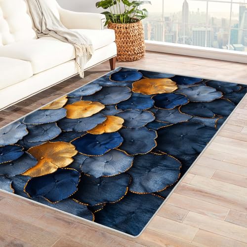 WQBQKKX 3D moderner Wohnzimmer Teppich Retro Carpet Minimalistische Blumen Teppich Wohnzimmer Schlafzimmer Weich Kurzflor & Waschbar & rutschfest Rug(Gold)-90x120cm von WQBQKKX