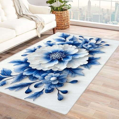 WQBQKKX 3D moderner Wohnzimmer Teppich Retro Carpet Minimalistische Blumen Teppiche fürs Schlafzimmer, Arbeitszimmer, Büro, Flur, Kinderzimmer und Küche(Blau)-90x150cm von WQBQKKX