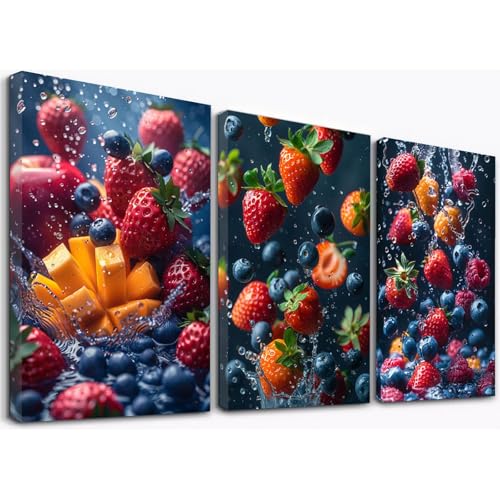 WQBQKKX 3er Set KüChenbilder Deko Bunte Früchte Xxl Leinwand Bilder,Rot, Grün Wandbilder Wohnzimmer KüChe Esszimmer Badezimmer Wanddeko-30x45cmx3 Gerahmt von WQBQKKX