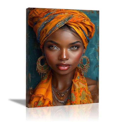 WQBQKKX Afrikanische Frau Bild Schöne Frau Xxl Leinwand Bilder,Gold, gelb Bilder Poster Modern Wandbilder Schlafzimmer Wanddekoration-30x45cm Gerahmt von WQBQKKX